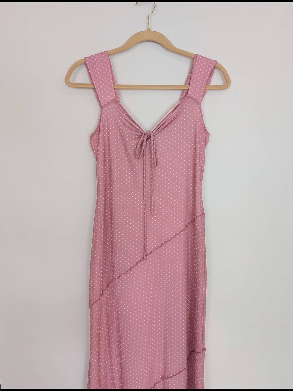 Sleeveless Pink Polka Dot Mesh Slip On Maxi Dress with Tie Front NWT